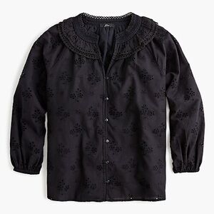 J Crew Black Button-front Eyelet Peasant Top Blouse